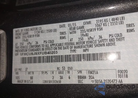 2015 Ford Escape Titanium from USA, damaged, VIN 1FMCU9J9XFUB40203